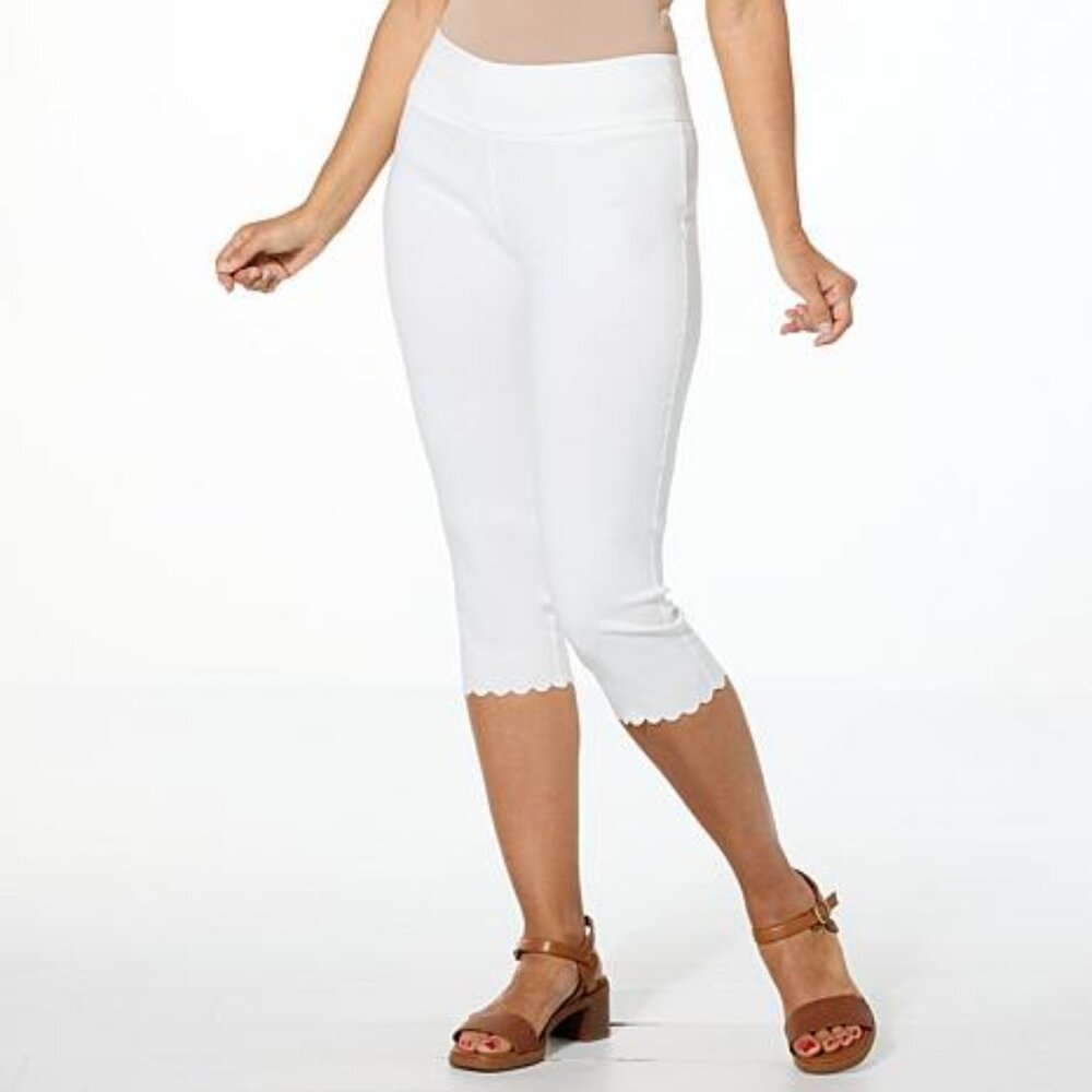 Nina Leonard Pull-on Crop Pant with Scalloped Detail 1x Ivory NWOT